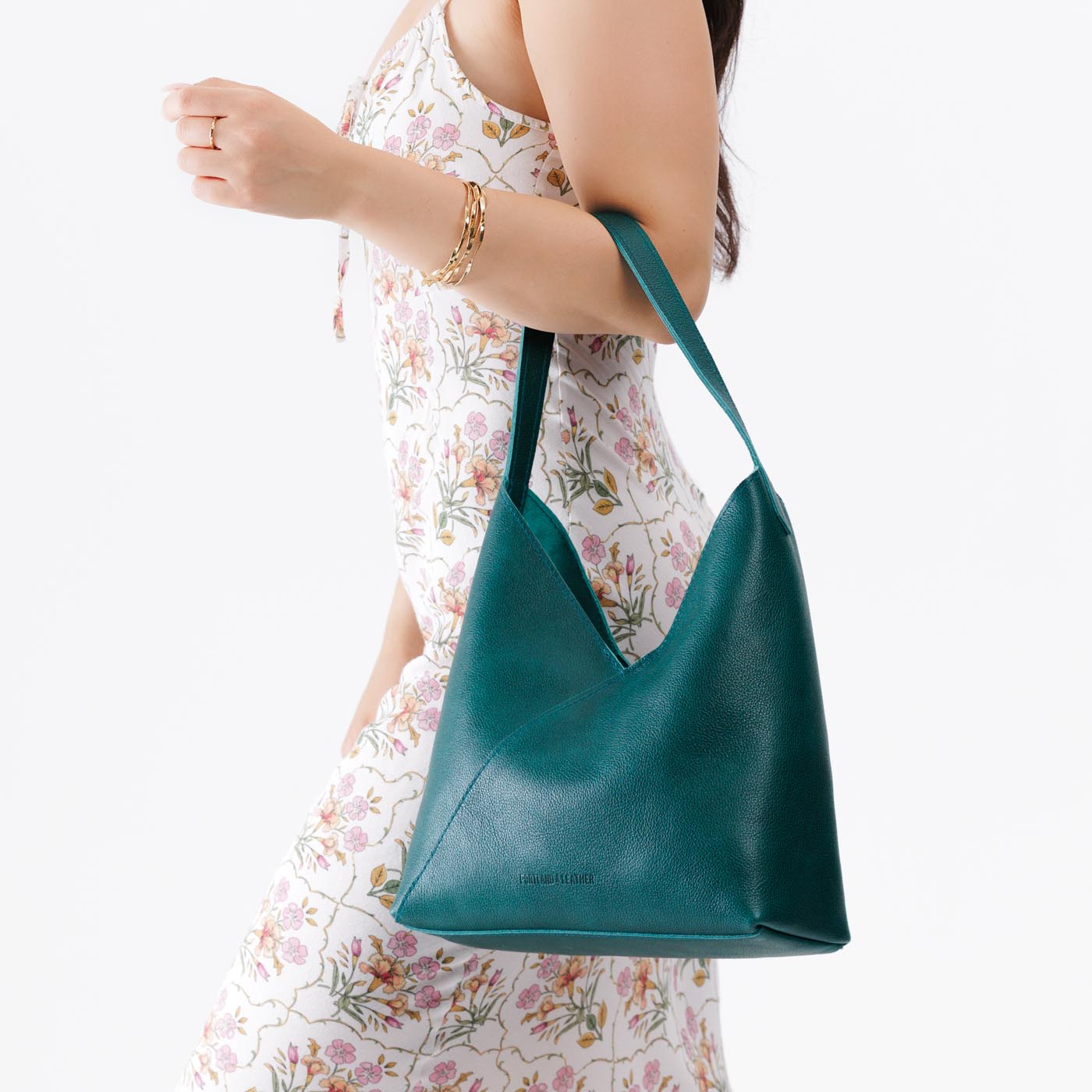 Sea Glass*Large | Model wearing petite shoulder bag with adjustable strap and magnetic snap closure
