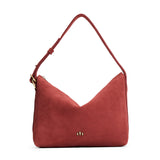 Cinnabar Large | Slouchy Shoulder Bag that has a zipper opening and three metal tree emblems on a white background