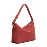 Cinnabar Large | Slouchy Shoulder Bag that has a zipper opening and three metal tree emblems on a white background