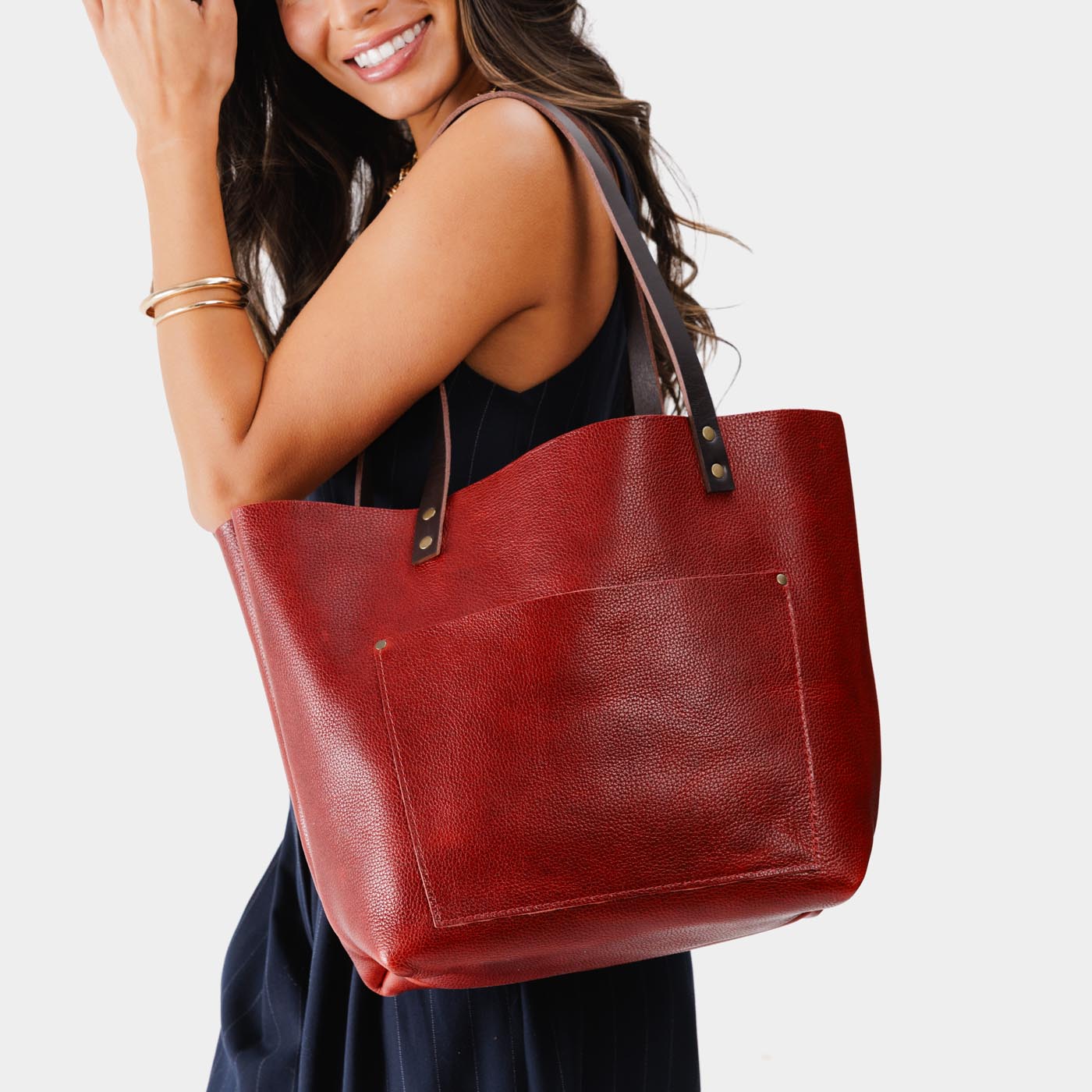 Chili Red*Classic | Large leather tote bag with sturdy bridle handles and front pocket VARIANT2
