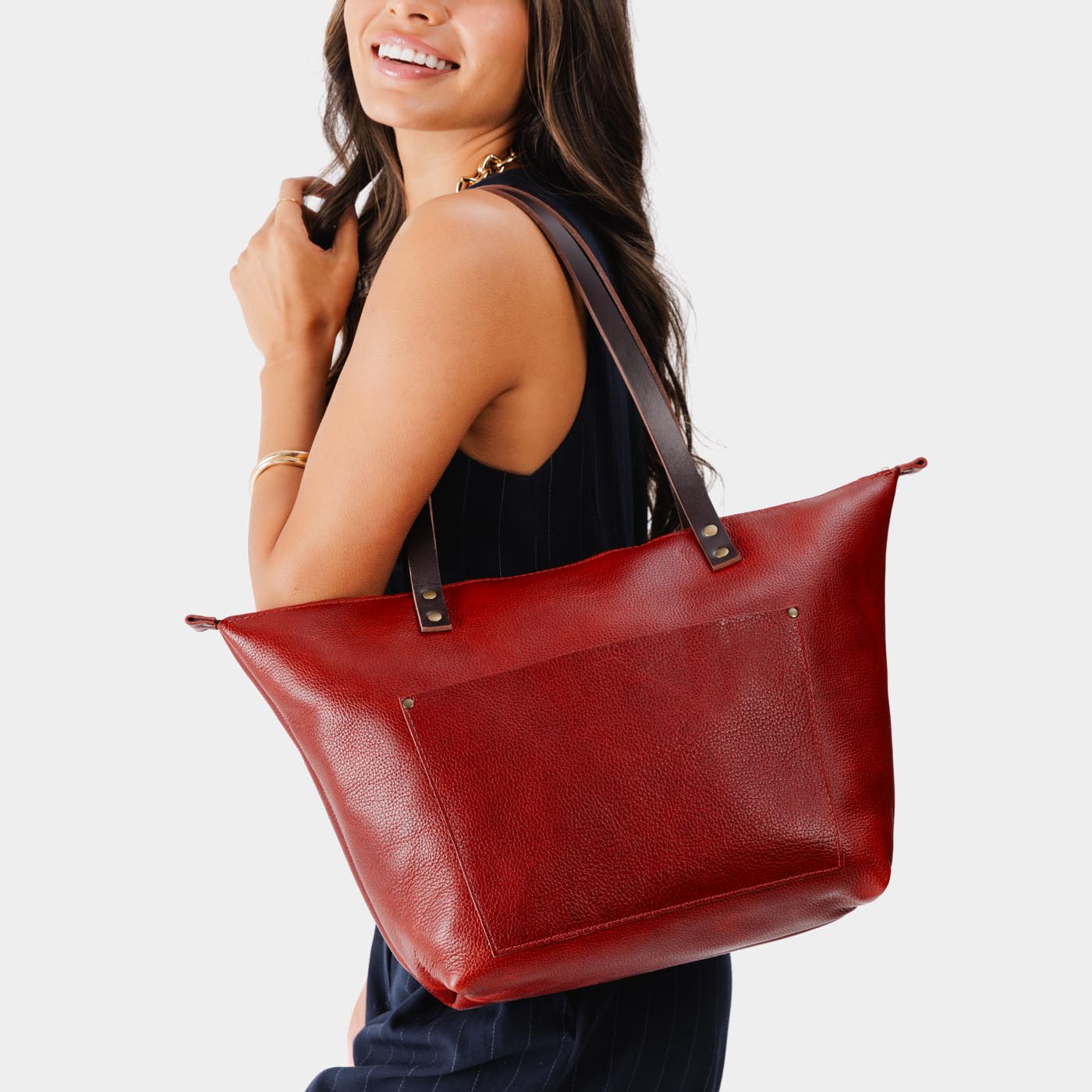 Chili Red*Zipper | Large leather tote bag with sturdy bridle handles and front pocket