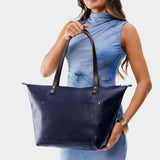Cobalt Zipper | Large leather tote bag with sturdy bridle handles and front pocket
