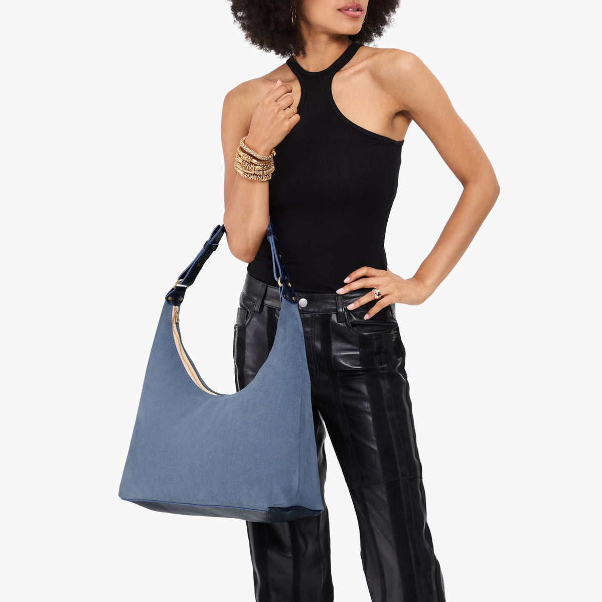Denim*Large*Classic | U-shaped shoulder bag with adjustable strap and fringe detail