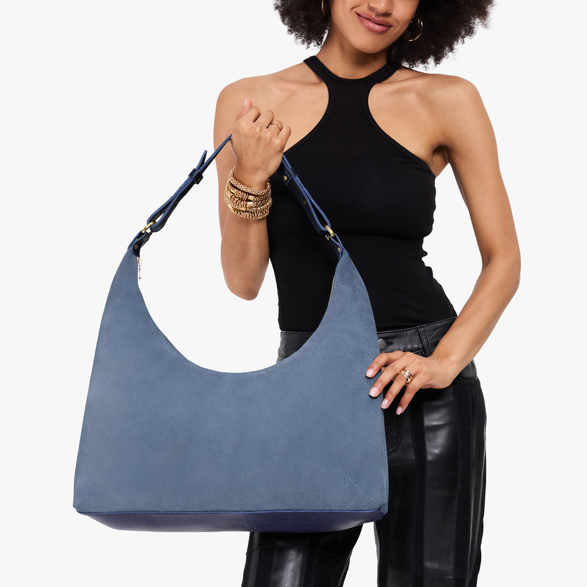 Denim*Large*Classic | U-shaped shoulder bag with adjustable strap and fringe detail