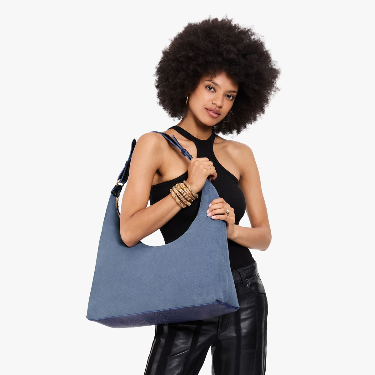 Denim*Large*Classic | U-shaped shoulder bag with adjustable strap and fringe detail