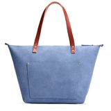 Denim Zipper | Large leather tote bag with sturdy bridle handles and front pocket