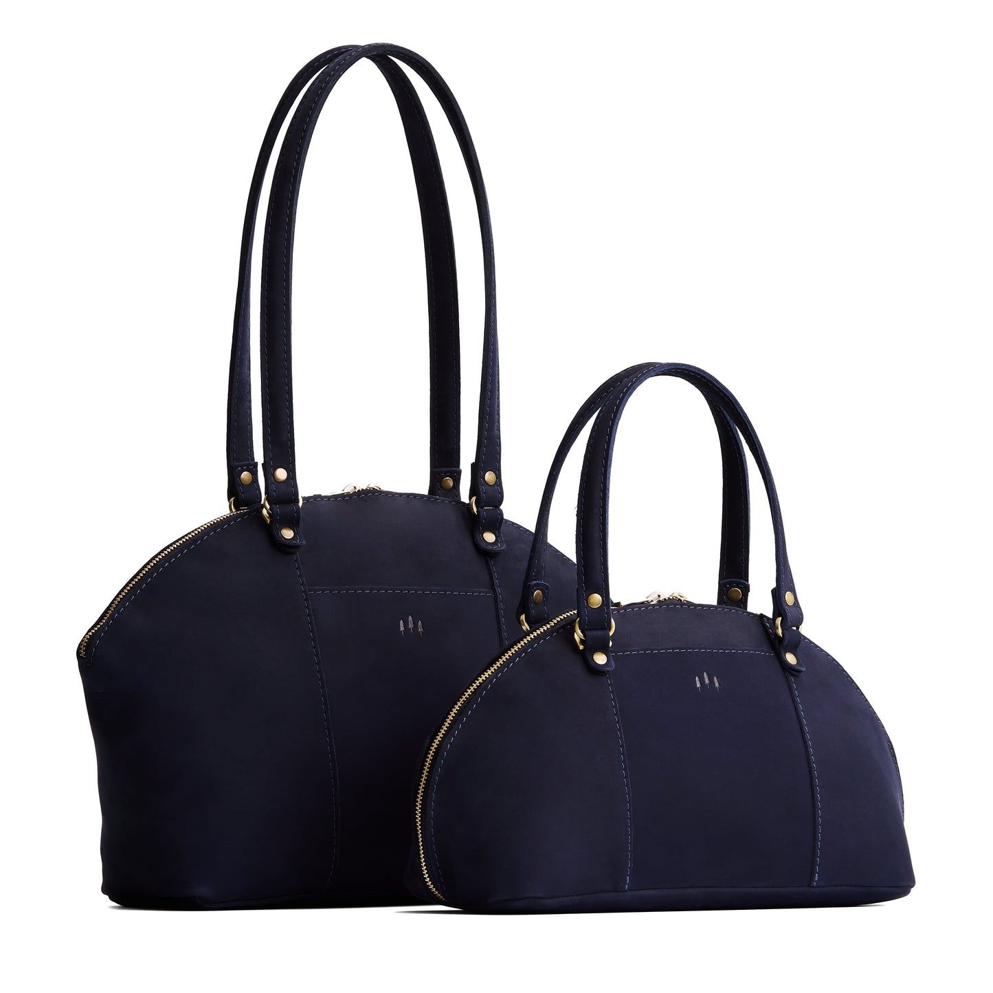 Velvet Blue | Size comparison of the large and small half circle crossbody bag with handles and removable crossbody strap 