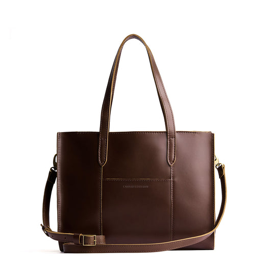 Chocolate Brown*East/West | Structured wide tote bag with overlapping panels and crossbody strap