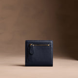 Anchor Blue Small | Petite slim leather bifold wallet with multiple card slots and a zippered back pocket - back view