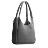 Smoke Grey Large | U-shaped, flat-bottomed leather shoulder bag with two outside pockets