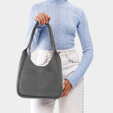Smoke Grey Large | U-shaped, flat-bottomed leather shoulder bag with two outside pockets