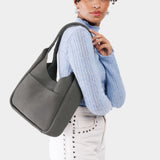 Smoke Grey Large | U-shaped, flat-bottomed leather shoulder bag with two outside pockets