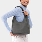 Smoke Grey Large | U-shaped, flat-bottomed leather shoulder bag with two outside pockets