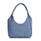 Denim Medium | U-shaped, flat-bottomed leather shoulder bag with two outside pockets