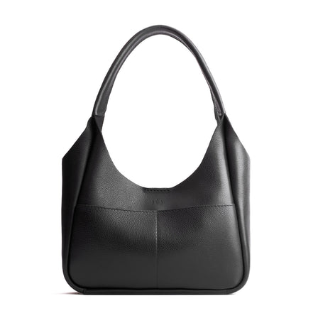 Pebbled--Black*Large | U-shaped, flat-bottomed leather shoulder bag with two outside pockets