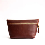 Cognac Extra Large | Large leather makeup bag with zipper