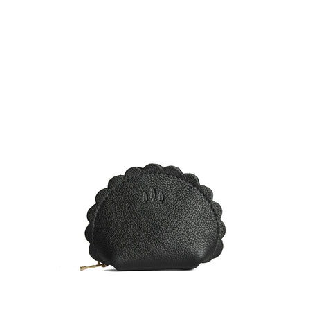 Pebbled--black*Large | Curved leather pouch with zipper and scalloped edges