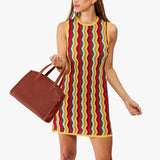 Nutmeg Medium | Model carrying leather tote bag with handles, adjustable crossbody strap, and two back pockets