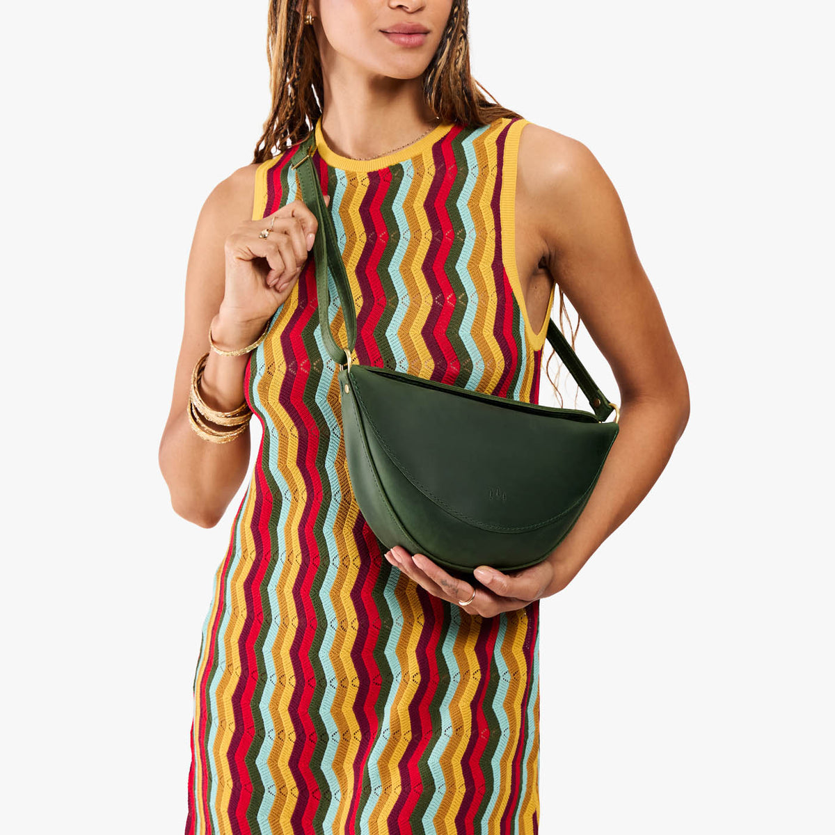 Evergreen*Medium | Model wearing petite half circle shaped sling bag