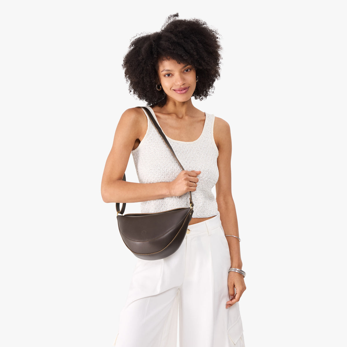 Grizzly*Medium | Model wearing petite half circle shaped sling bag