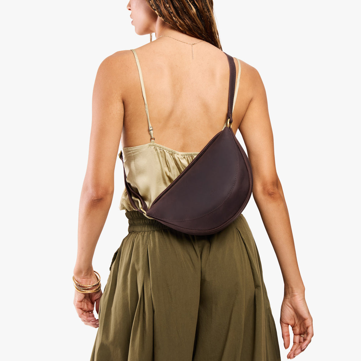 Moose*Medium | Model wearing petite half circle shaped sling bag