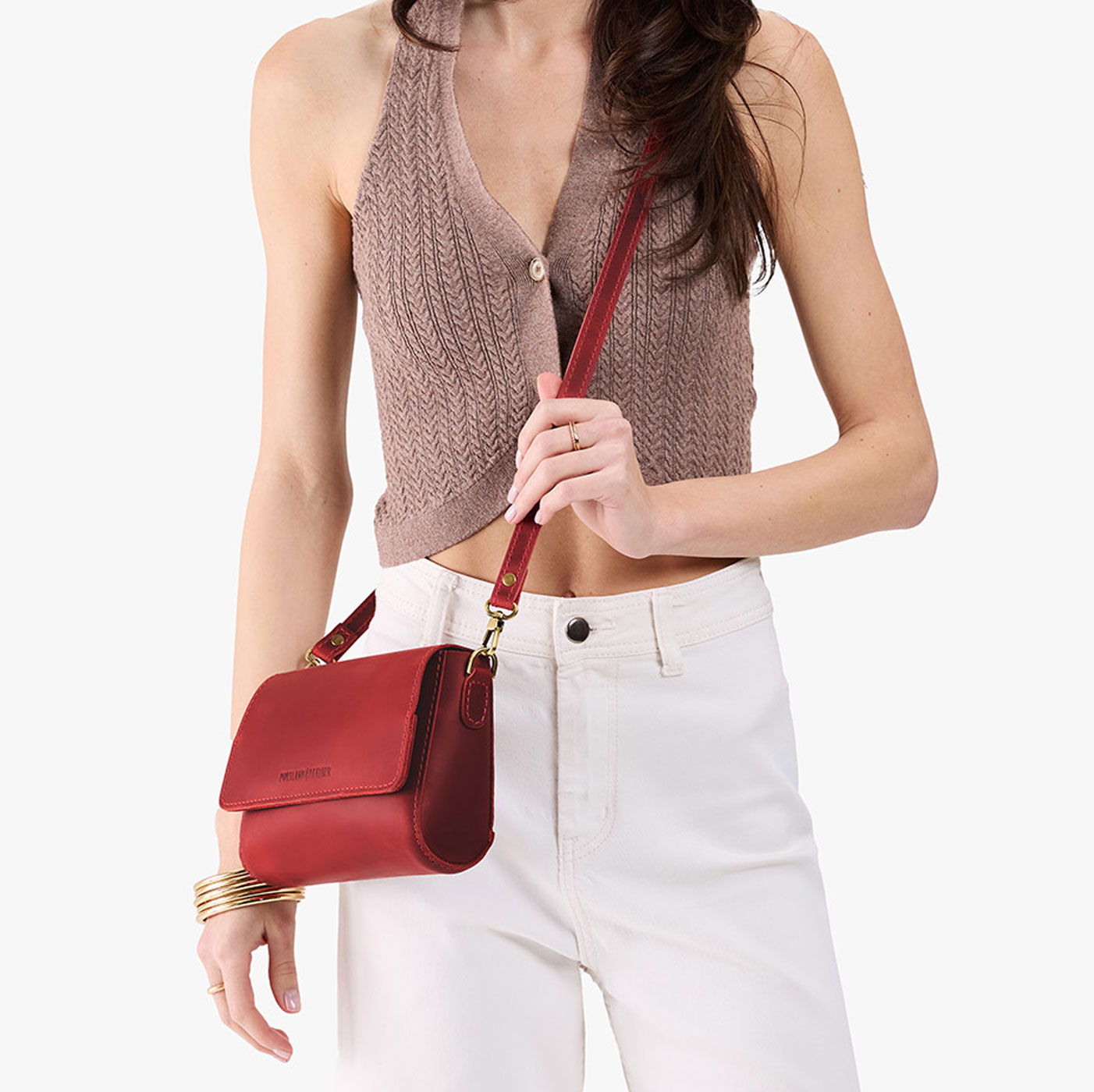 Phoenix*Mini | Model wearing leather Crossbody Bag with Magnetic Messenger Bag 