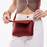Phoenix Mini | Model wearing leather Crossbody Bag with Magnetic Messenger Bag 