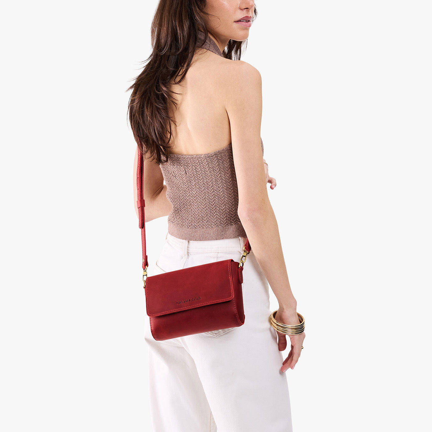 Phoenix*Mini | Model wearing leather Crossbody Bag with Magnetic Messenger Bag 