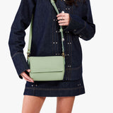 Pistachio Mini | Model Wearing Small Leather Crossbody Bag with Magnetic Messenger Bag Closure