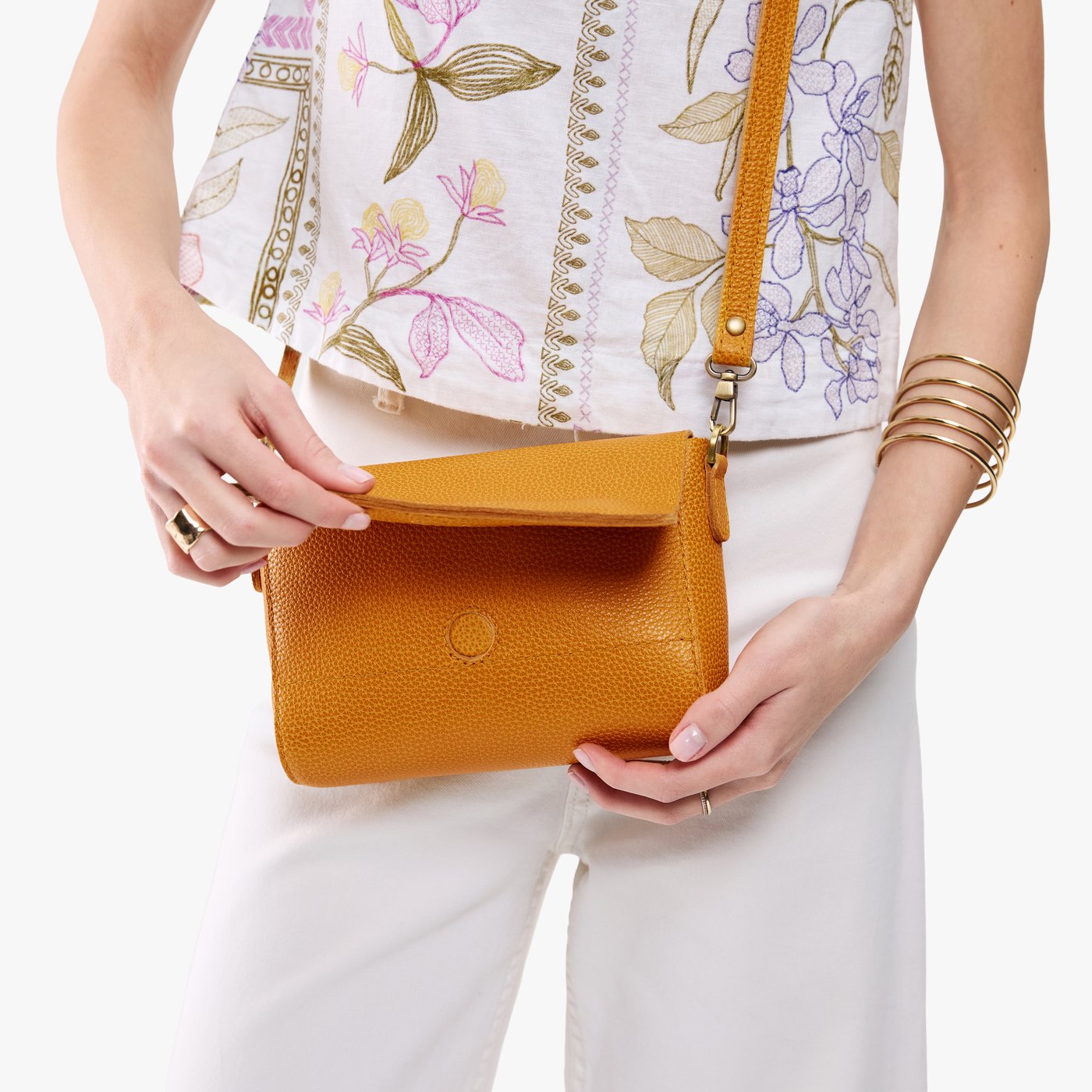 Sunshine*Mini | Model wearing leather Crossbody Bag with Magnetic Messenger Bag 