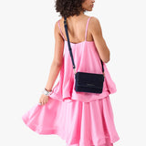 Velvet Blue Mini | Model Wearing Small Leather Crossbody Bag with Magnetic Messenger Bag Closure