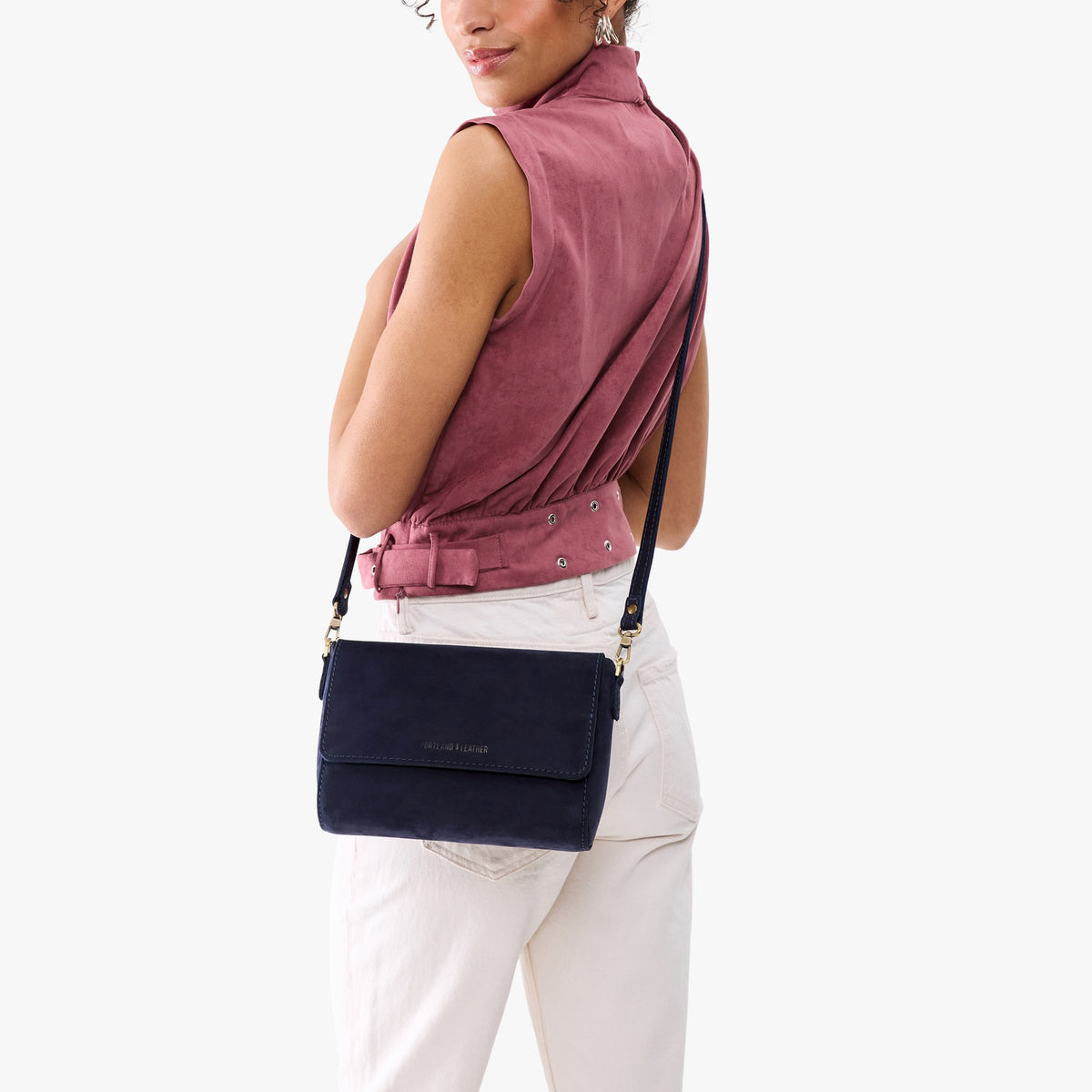 Velvet Blue*Medium | Model Wearing Leather Crossbody Bag with Magnetic Messenger Bag Closure