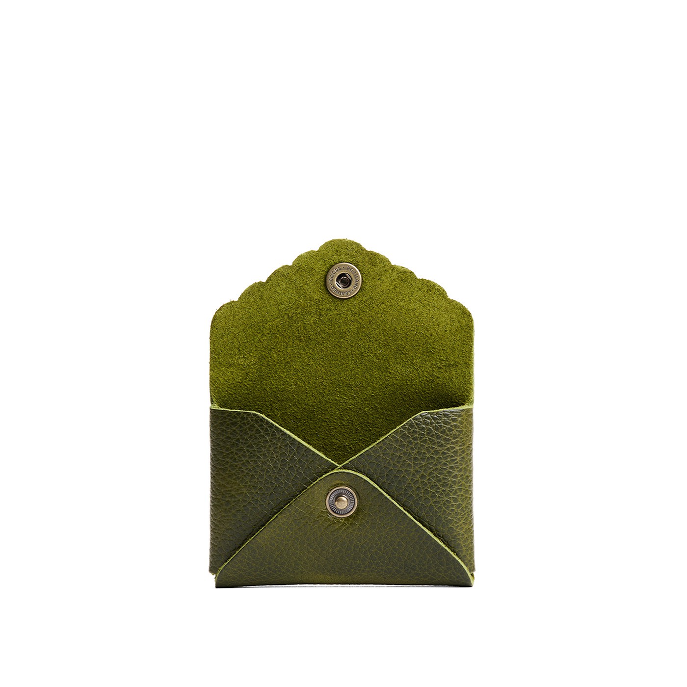 Pebbled Olive | Small leather card wallet with scalloped edge open