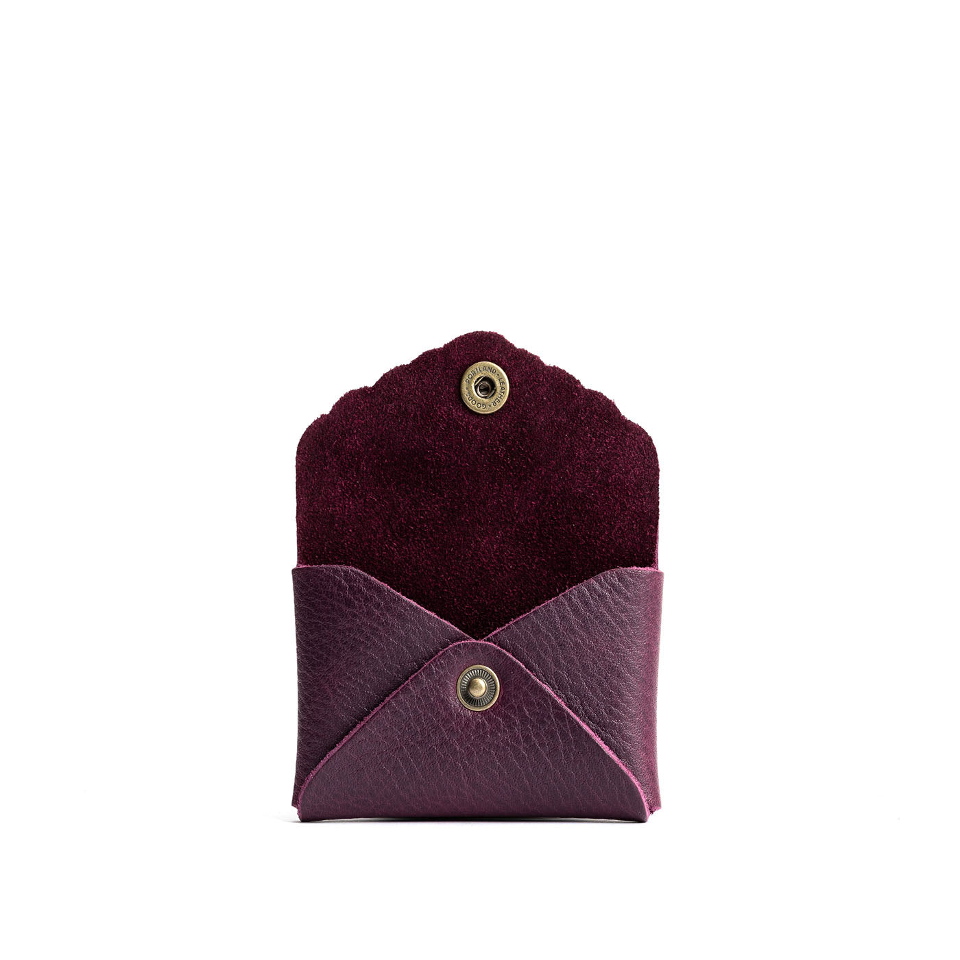 Plum | Small leather wallet with scalloped edge open