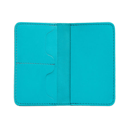 Aquamarine | Leather passport case with PLG logo open shot