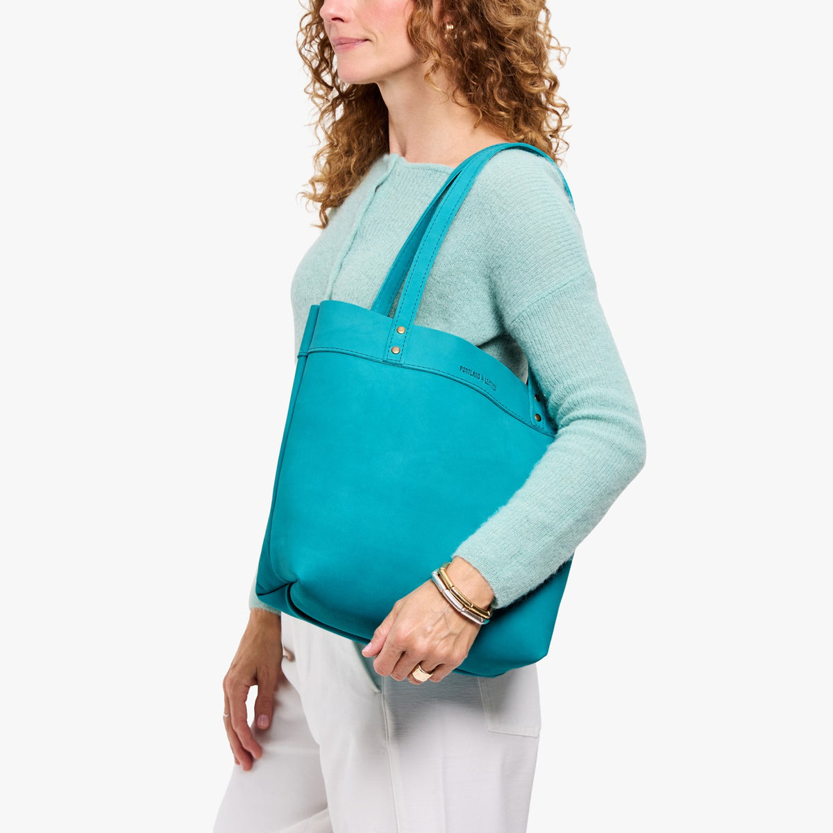Aquamarine*Medium*Classic | Leather tote bag with riveted straps and exterior key loop