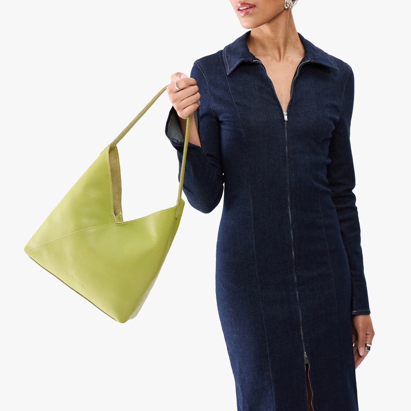 Wasabi*Large | Model wearing mid-size shoulder bag with magnetic snap 