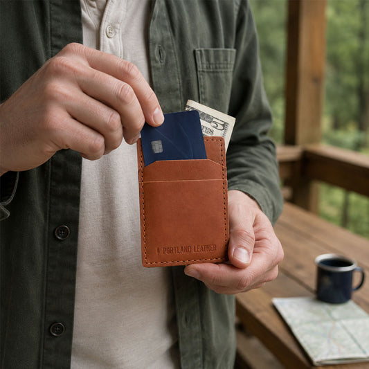 Toscano | A model holds a brown leather card holder wallet with 'PORTLAND LEATHER' printed on the front, inserting a blue card.