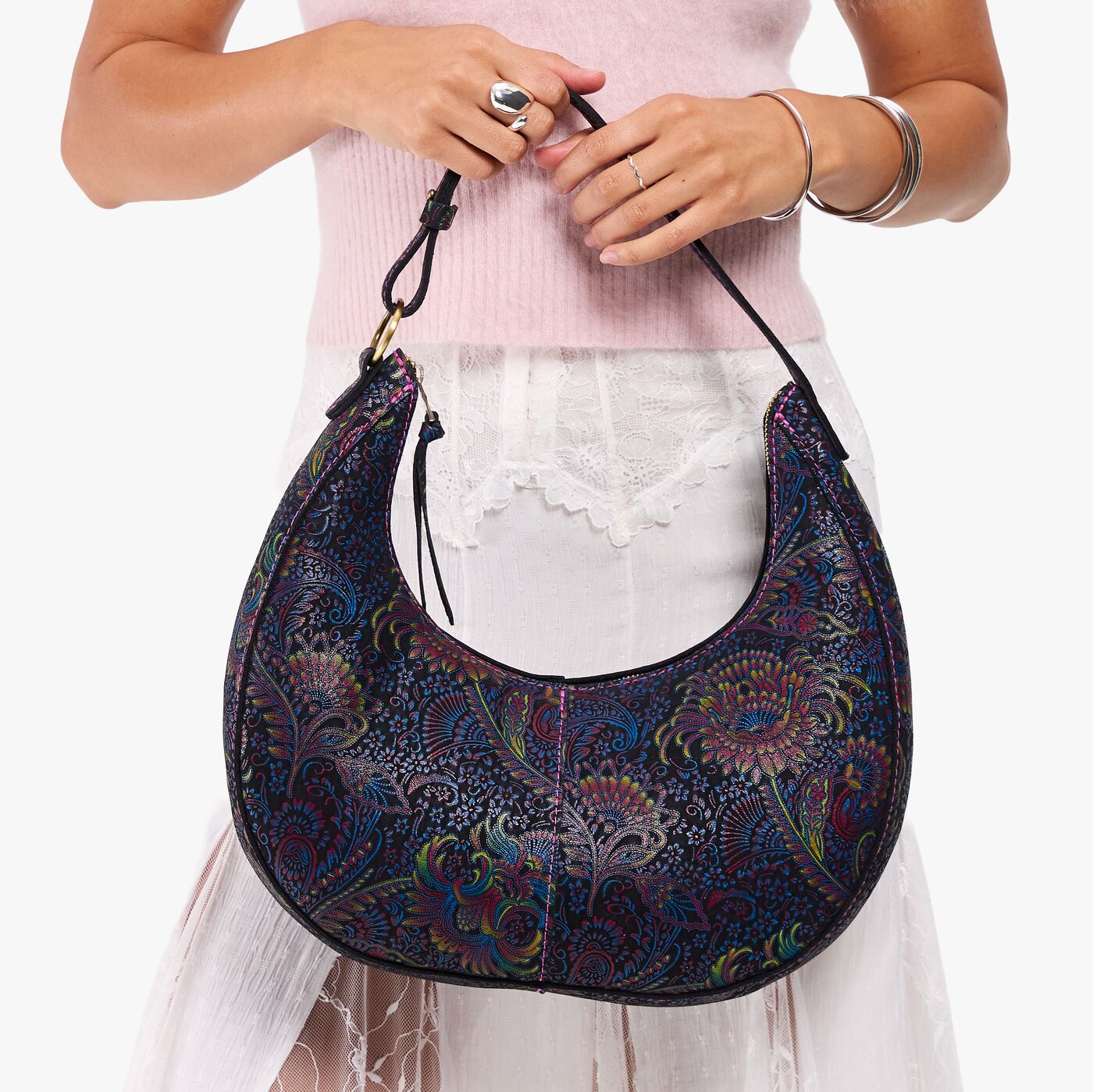 Carnival*Large  | Large crescent shaped shoulder bag with zipper closure and adjustable strap