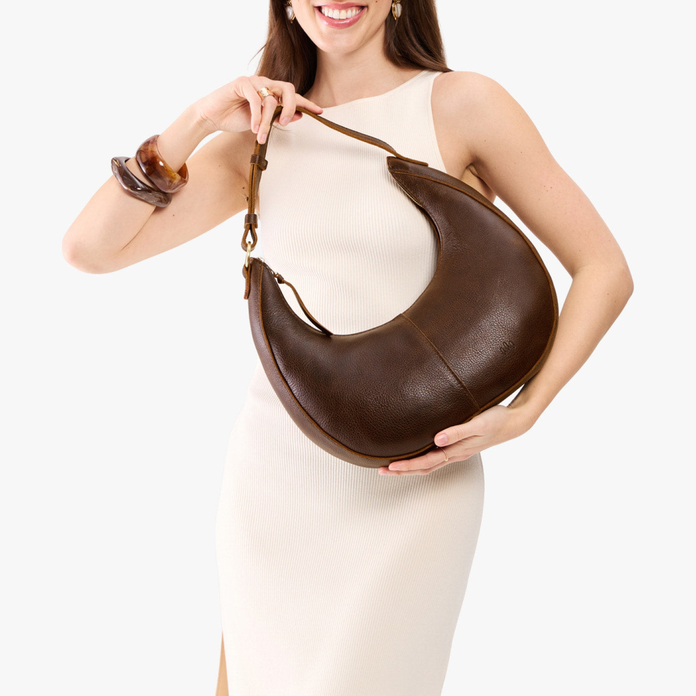 Coldbrew*Large | Crescent shaped shoulder bag with zipper closure and adjustable strap