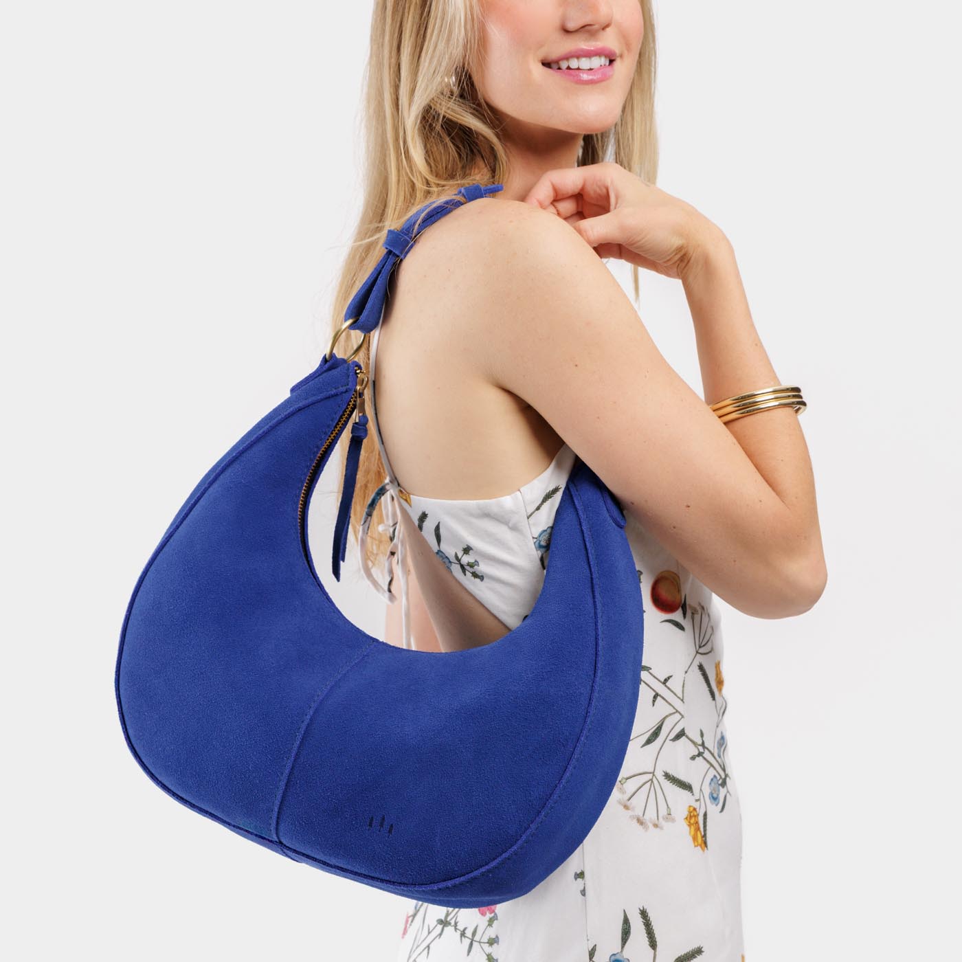Joni Blue*Large | Crescent shaped shoulder bag with zipper closure and adjustable strap