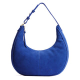 Joni Blue Large | Large crescent shaped shoulder bag with zipper closure and adjustable strap