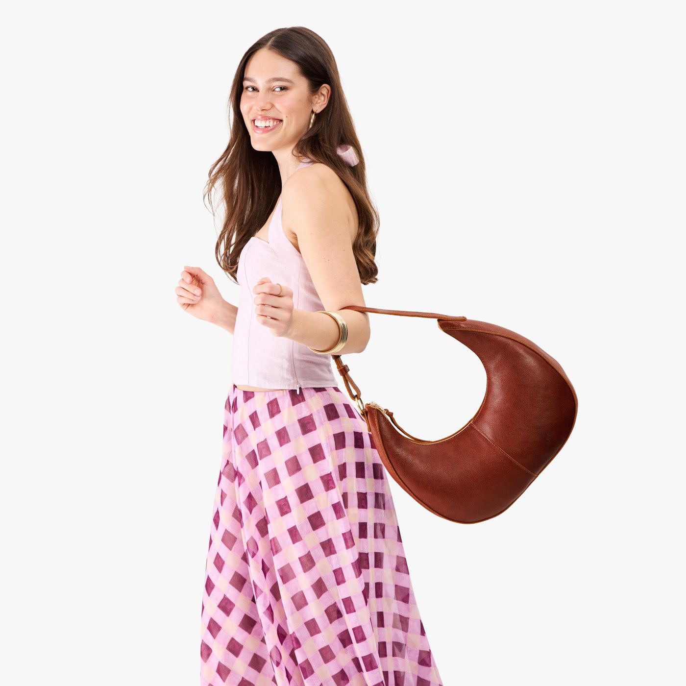 Nutmeg*Large | Crescent shaped shoulder bag with zipper closure and adjustable strap
