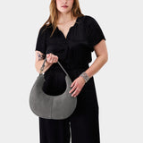 Smoke Grey Large | Crescent shaped shoulder bag with zipper closure and adjustable strap