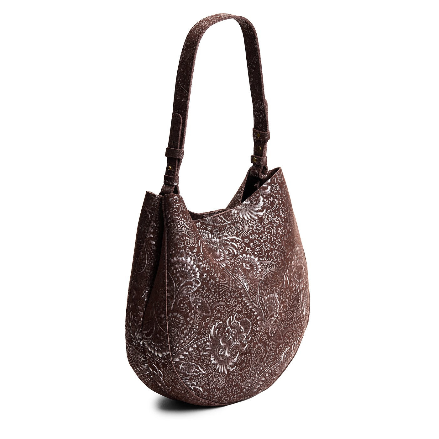 Sepia*Large | Model holding round leather purse with adjustable shoulder strap