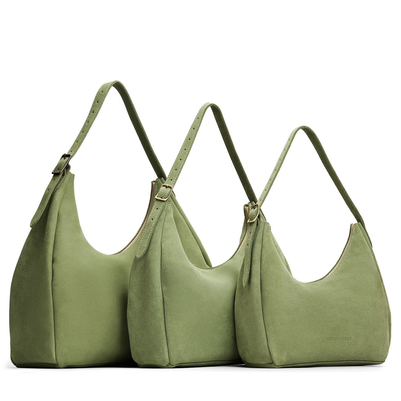 Laurel | Size comparison image of oversized, large, and medium u-shaped, flat-bottomed leather shoulder bags with adjustable strap