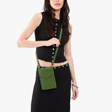 Cactus | Model wearing slim, phone-shaped crossbody purse with magnetic closure