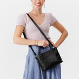 Pebbled--black Small | Petite tote purse with structured leather handles and crossbody strap