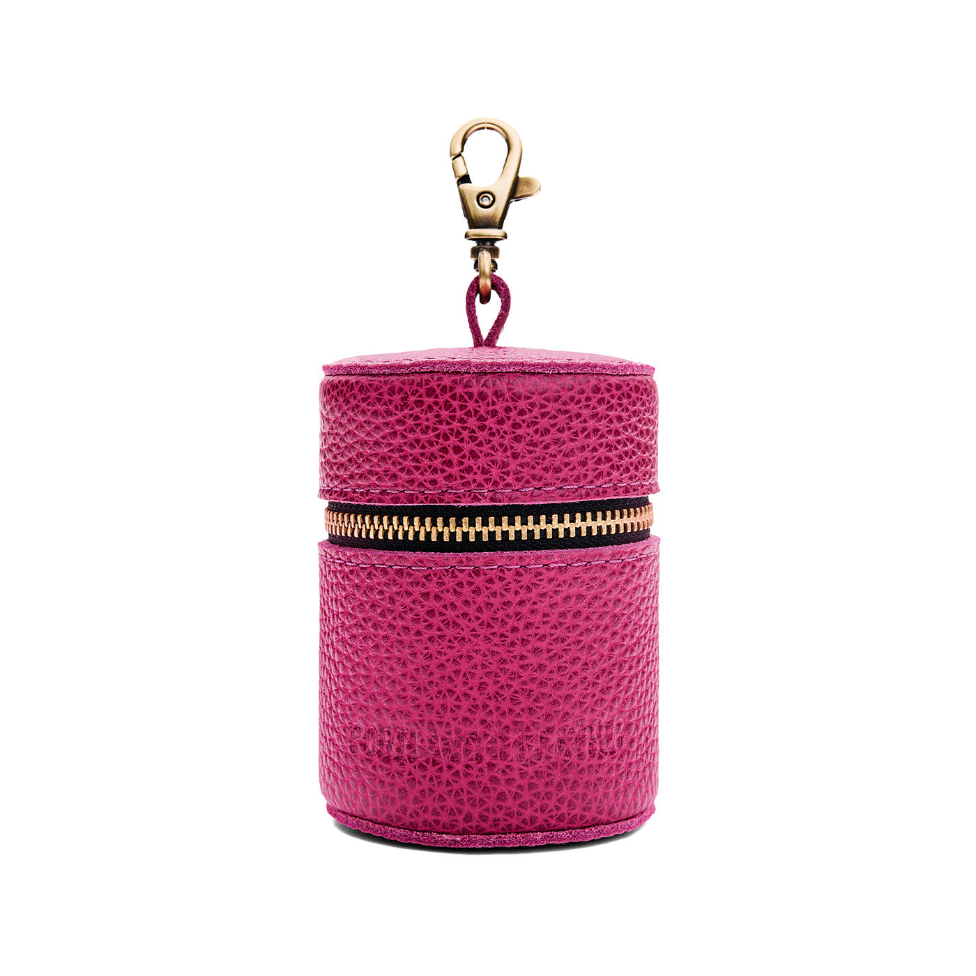 Cosmo | Cylindrical shaped pouch with a gold zipper and swivel lobster claw clasp