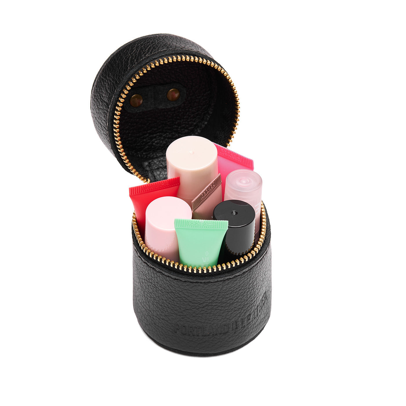 Pebbled--black | Cylindrical shaped pouch with a gold zipper and swivel lobster claw clasp